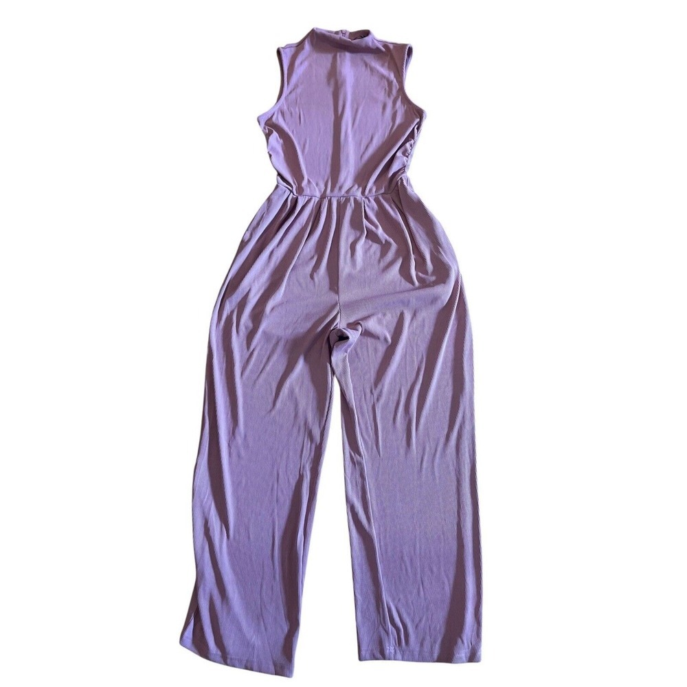 Pretty Garden Jumpsuit Mock Neck Sleeveless Ribbed Wide‎ Leg Lavender M